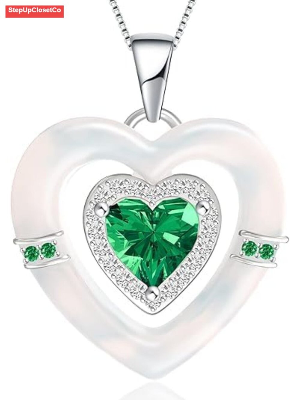 Sterling Silver Double Heart Pendant Necklace with Cubic Zirconia and Mother of